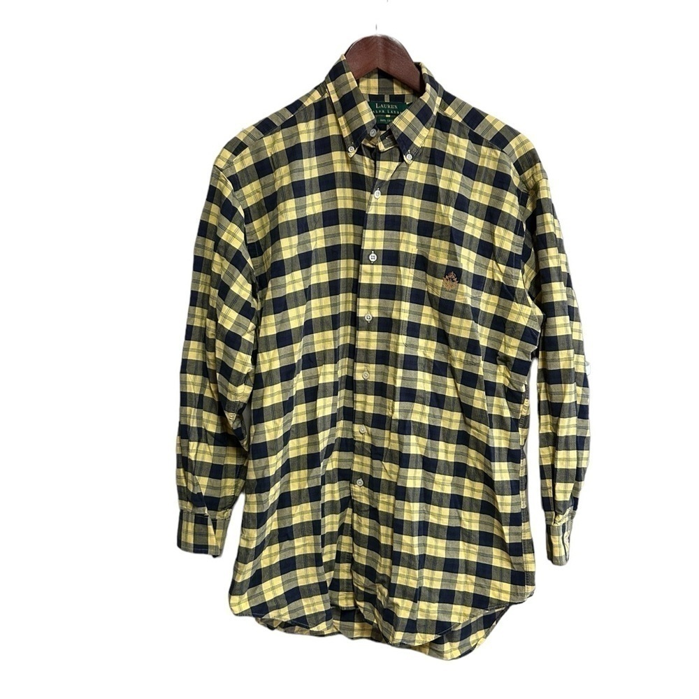 Lauren Ralph Button Down Shirt Men’s Size Medium Black Yellow Plaid Long Sleeve